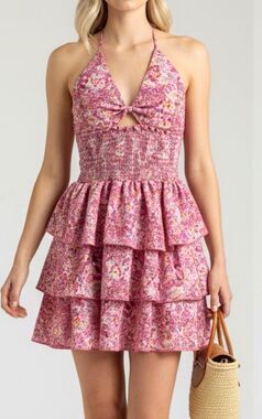 Pink Floral Halter Smocked Ruffle Tiered Mini Dress Tie Closure XS